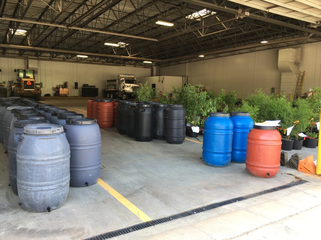 Rain barrels in warehouse