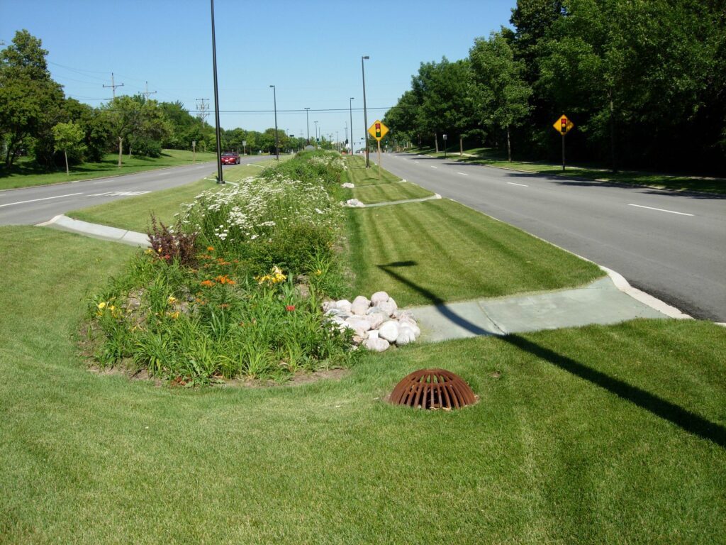 Bioswale created in a road median 