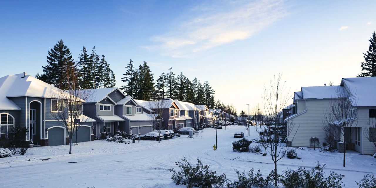 Suburban neighborhood covered with snow