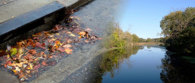 An image fading from a storm drain to a river